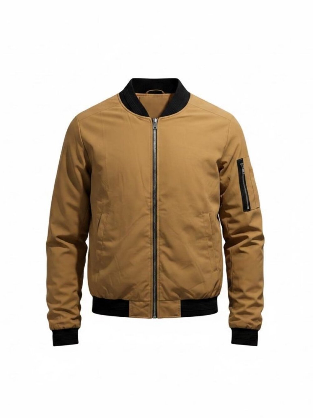 Men's Tan Bomber Jacket with Black Ribbed Trim